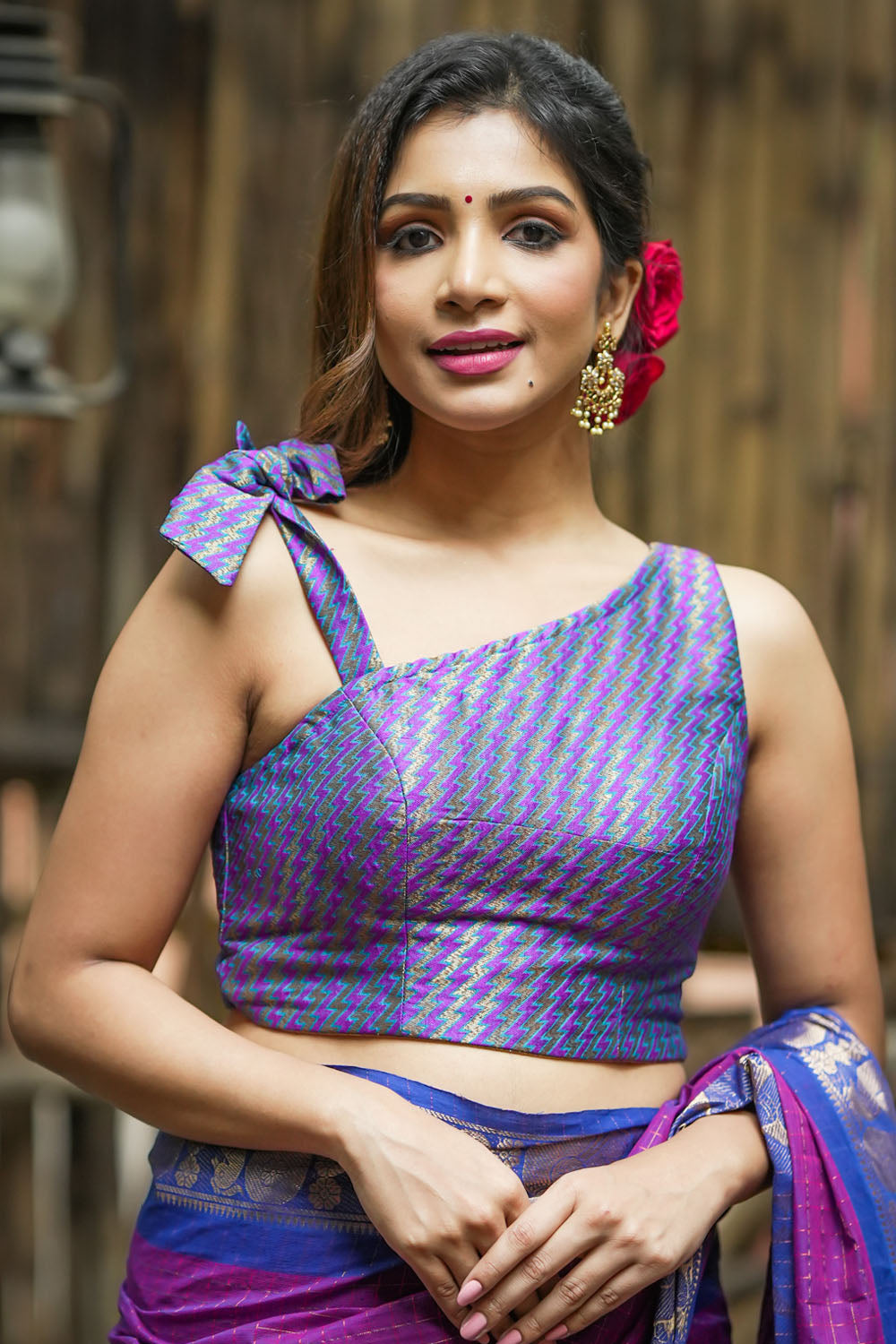 Purple Blue jacquard one shoulder blouse