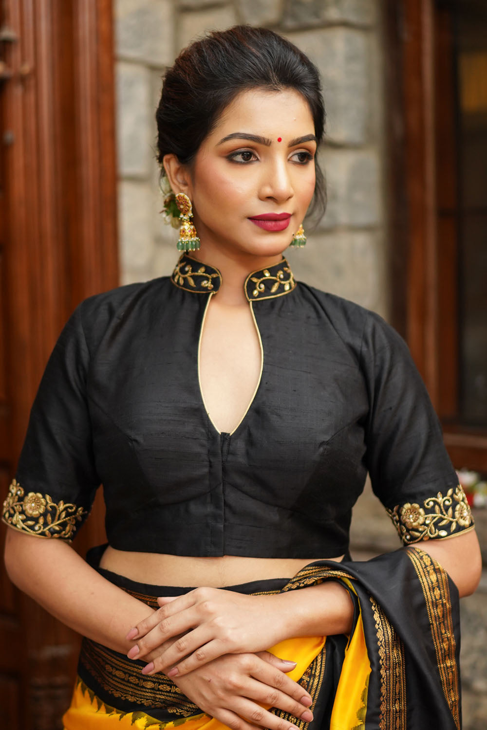 Black raw silk chinese collar blouse with zardosi Work