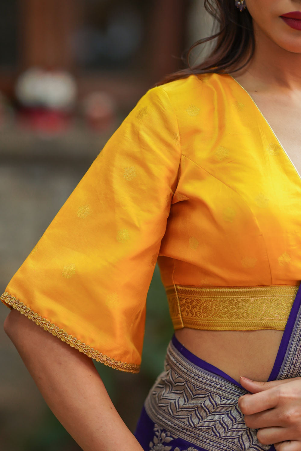 Yellow pure silk V neck blouse