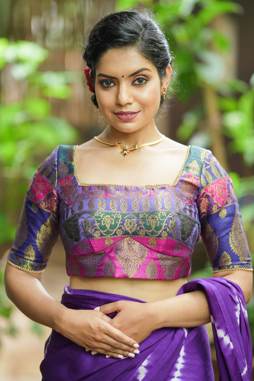 Purple and pink banarasi brocade square neck blouse