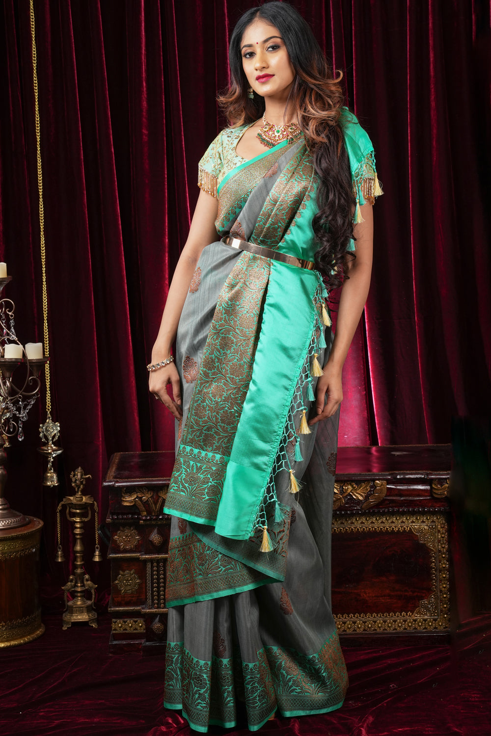 Gray Tussar Silk Banarasi Saree with Antique Tone Zari and Mint Green contrasting borders | SILK MARK CERTIFIED