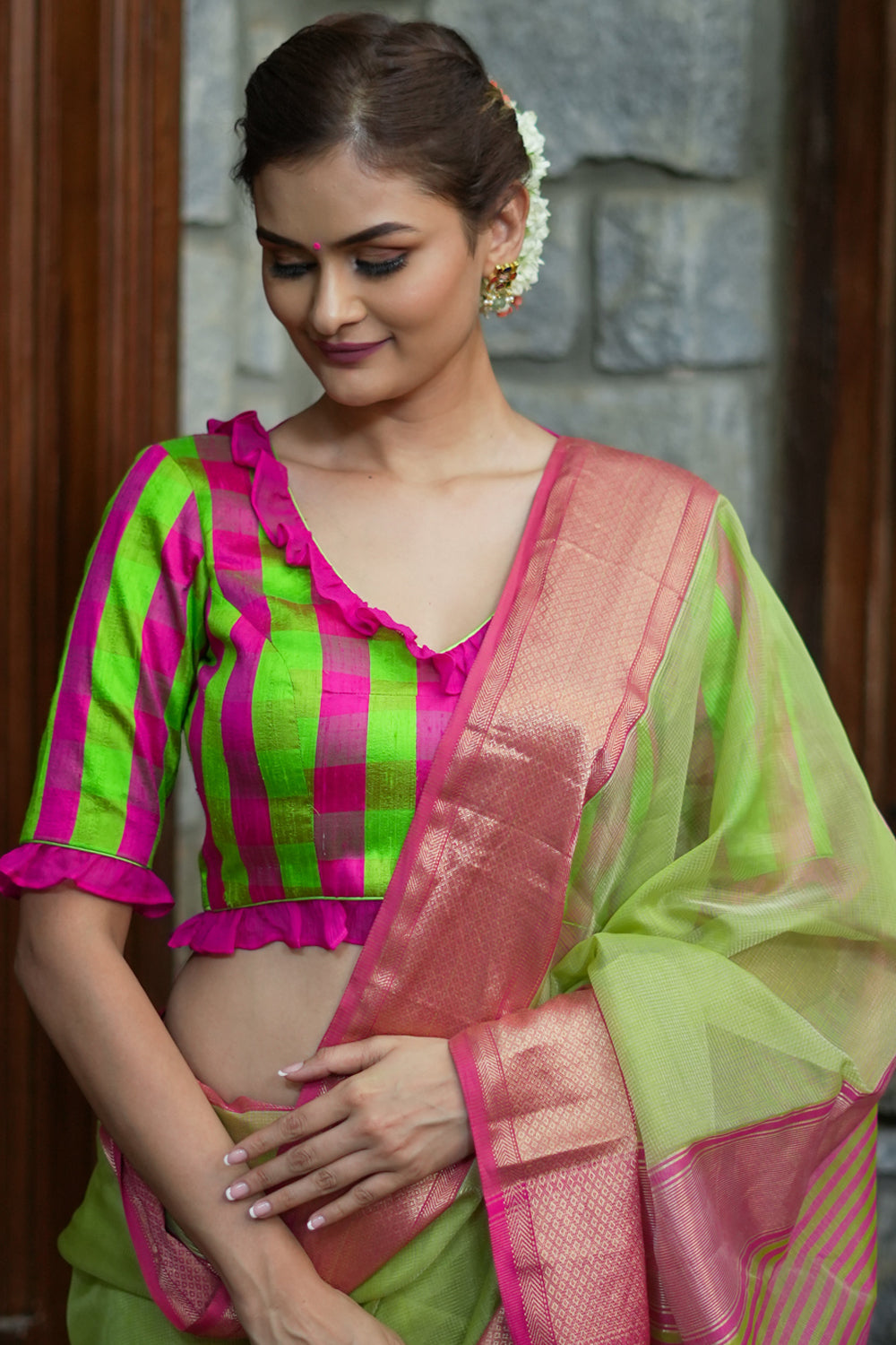 Green pink checked pure rawsilk V neck blouse with chiffon frills