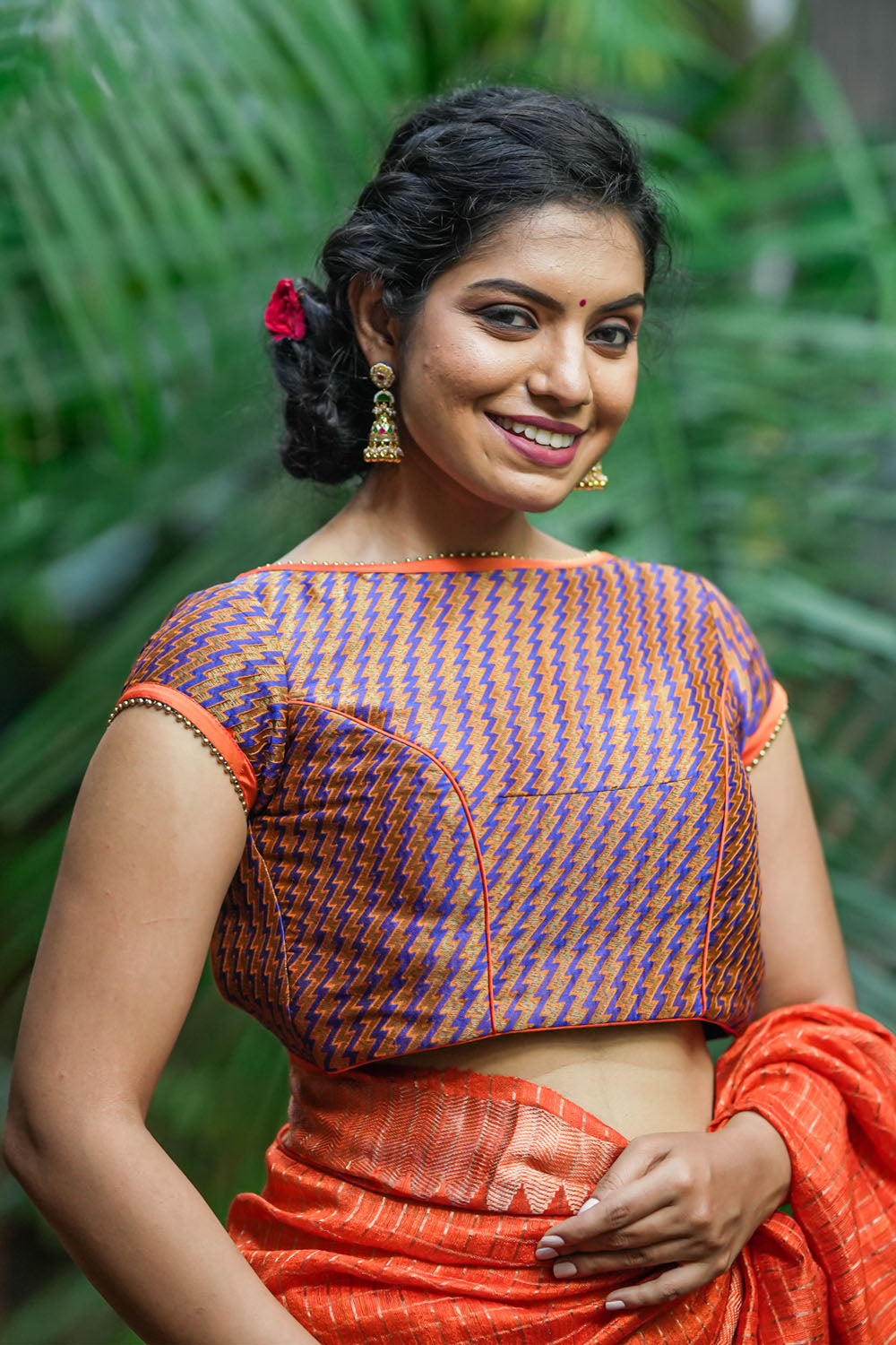 Purple and Orange jacquard  boat neck blouse with back detailing