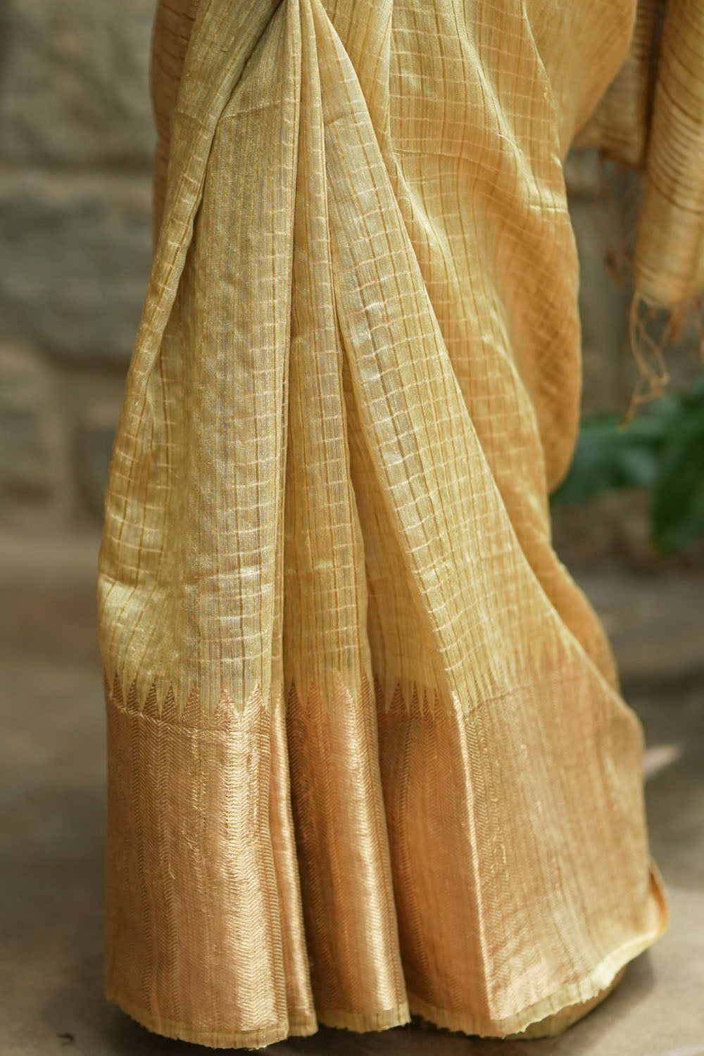 Matka Silk Saree in Gold with Zari Checks and Wide Zari Temple Border | SILK MARK CERTIFIED
