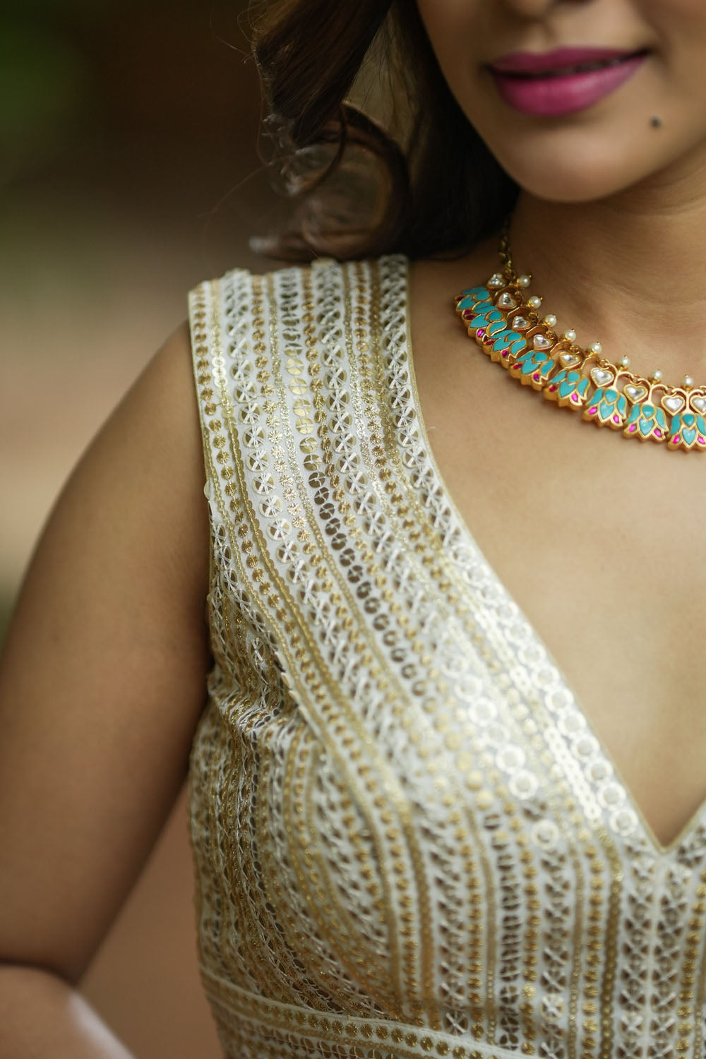 V neck sleeveless blouse in muted pastel shaded sequins