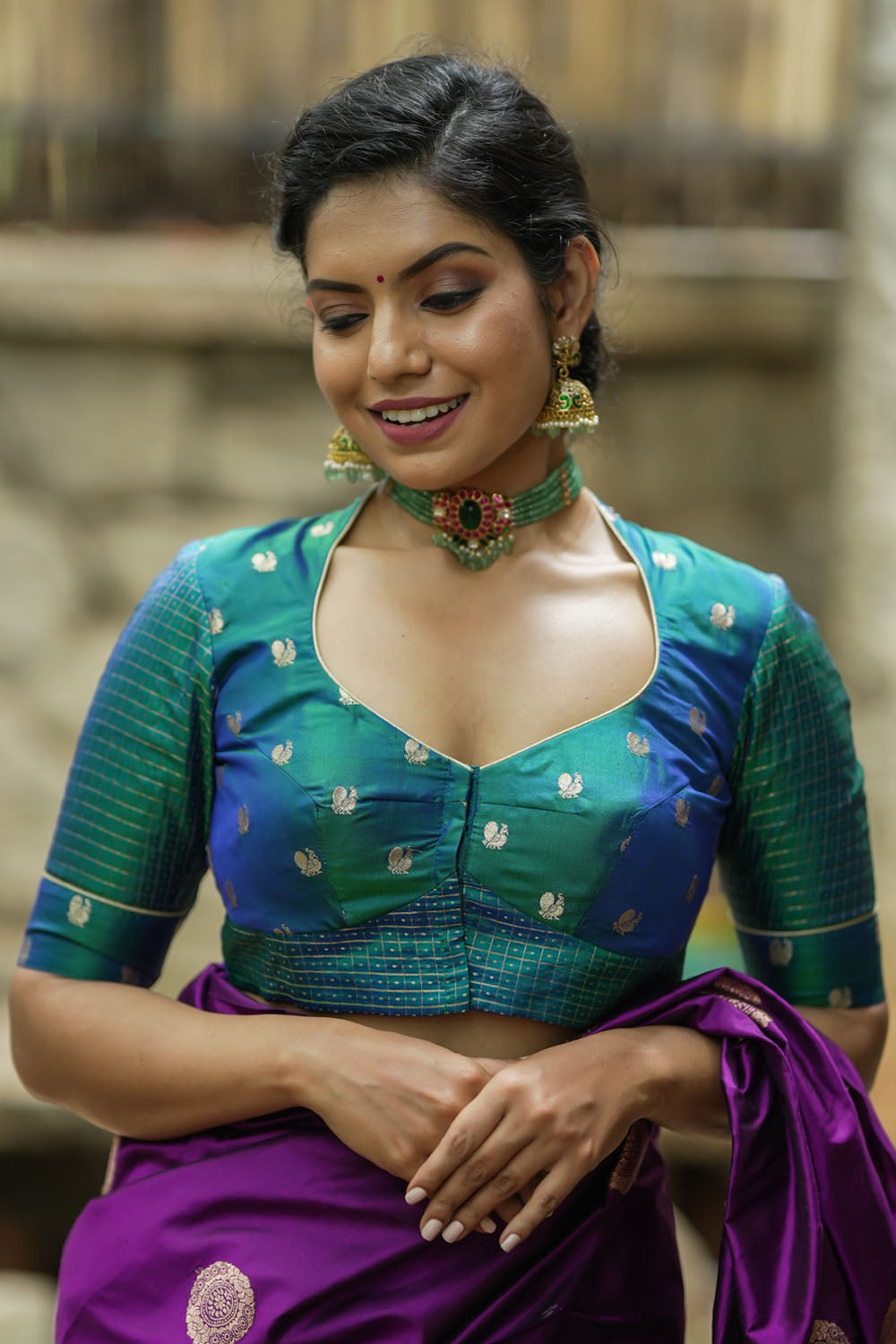Peacock blue pure kanjivaram silk two fabric blouse.