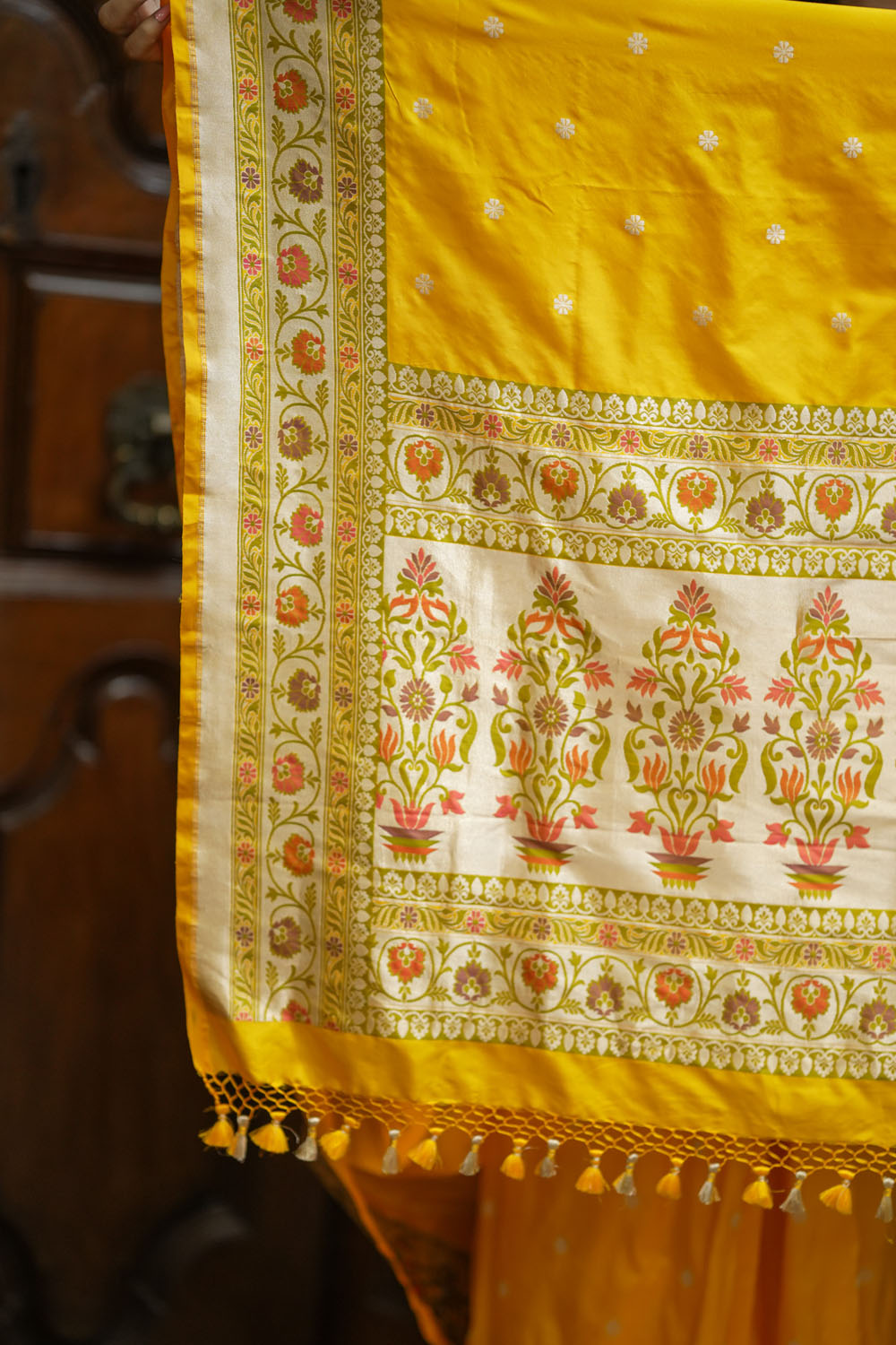 Yellow banarasi katan silk saree with paithani border