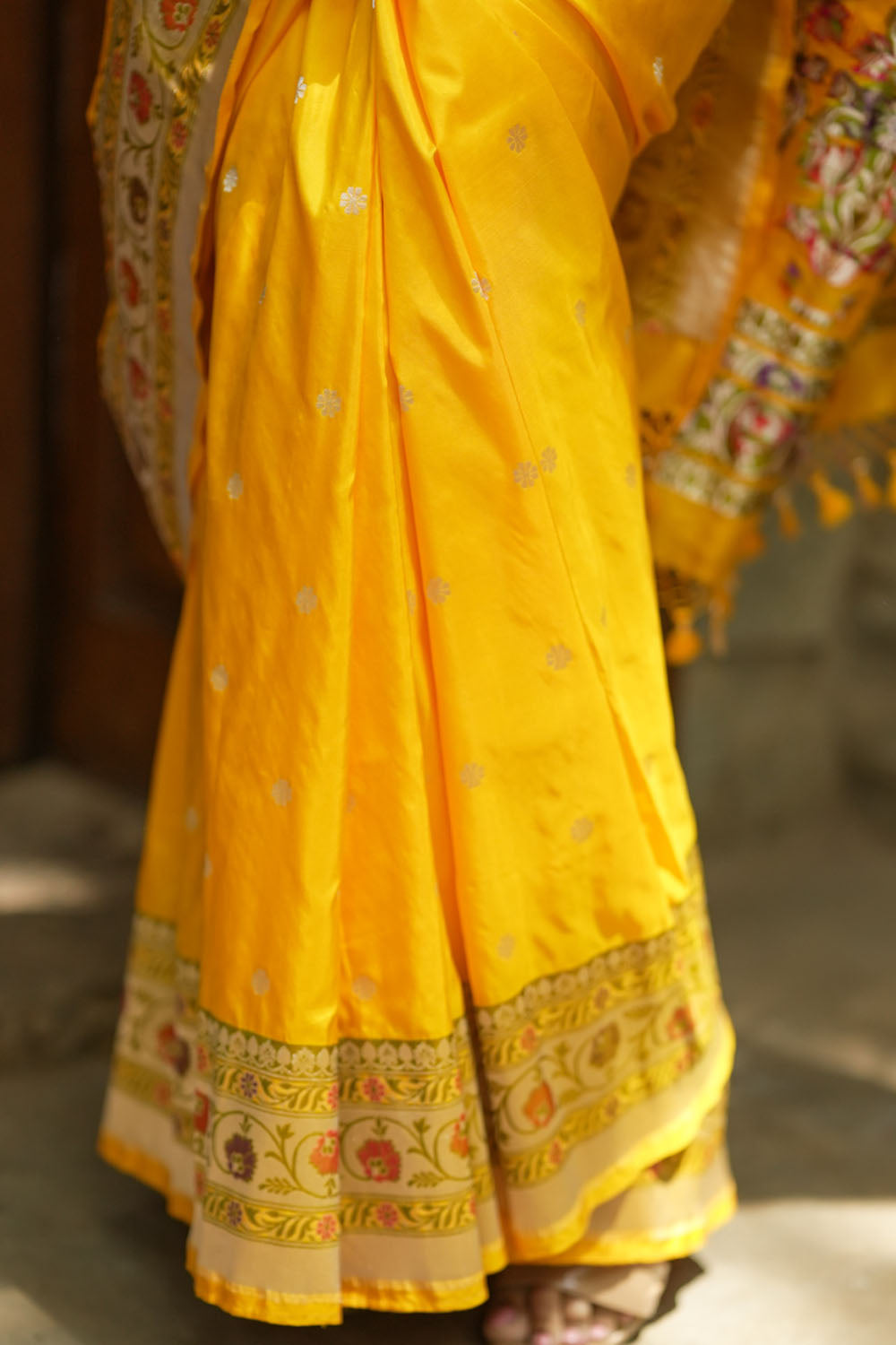 Yellow banarasi katan silk saree with paithani border