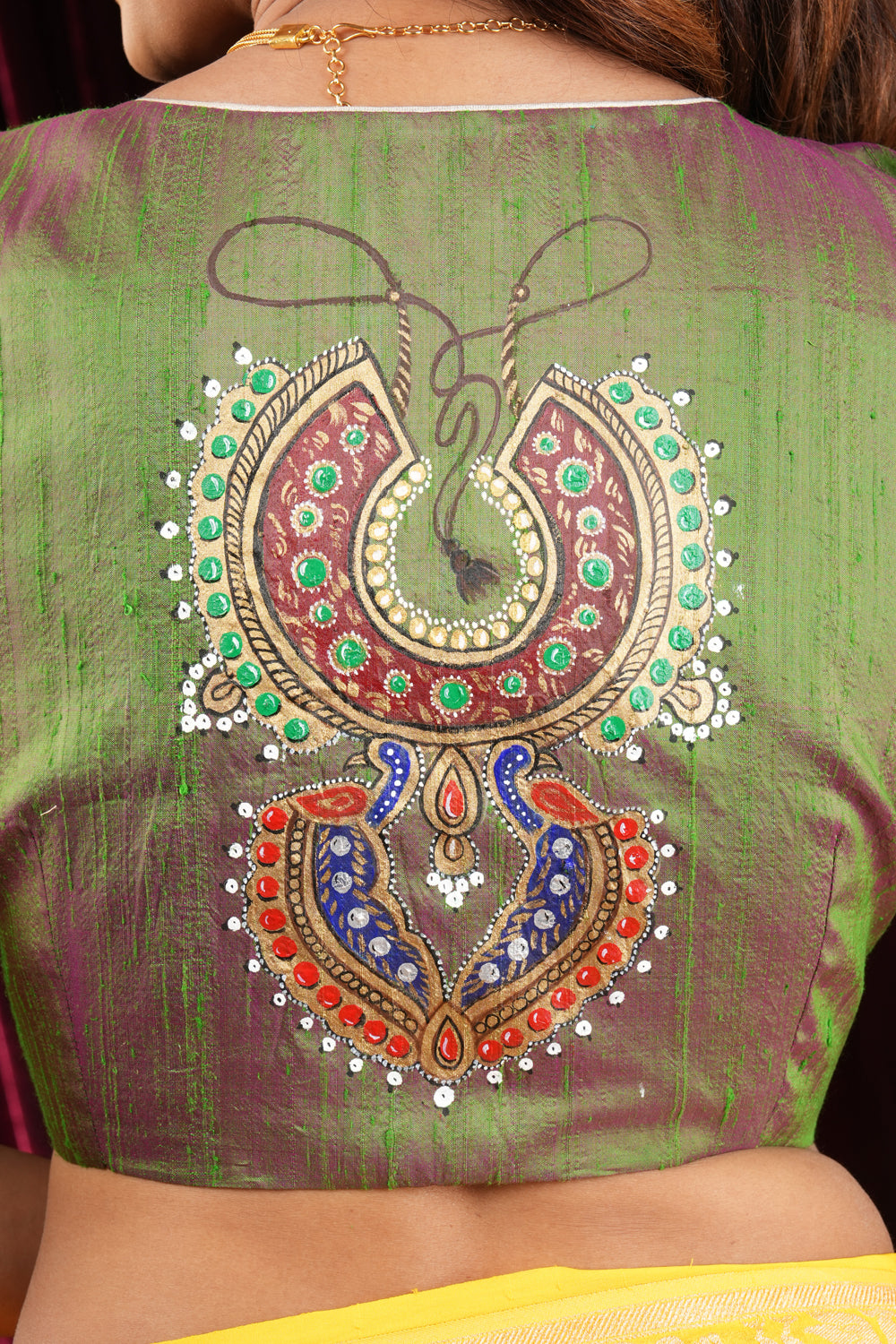 Nizam Jewelry Handpainted Blouse in Green pink Pure Raw silk with multicolor brocade bustier detailing