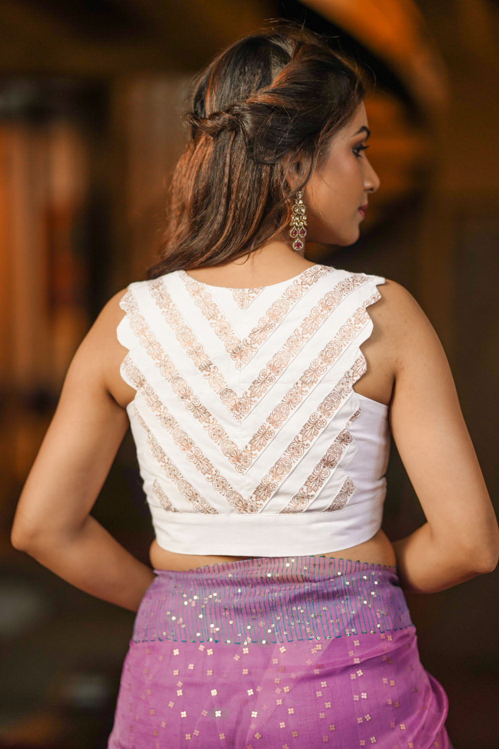 White handloom cotton block printed pinktuck V neck blouse with scallop detailing