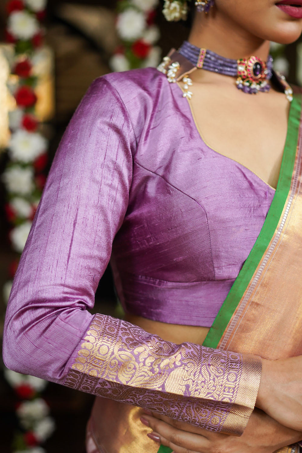 Dusty mauve raw silk chinese collar sweetheart neck blouse with beads detailing.