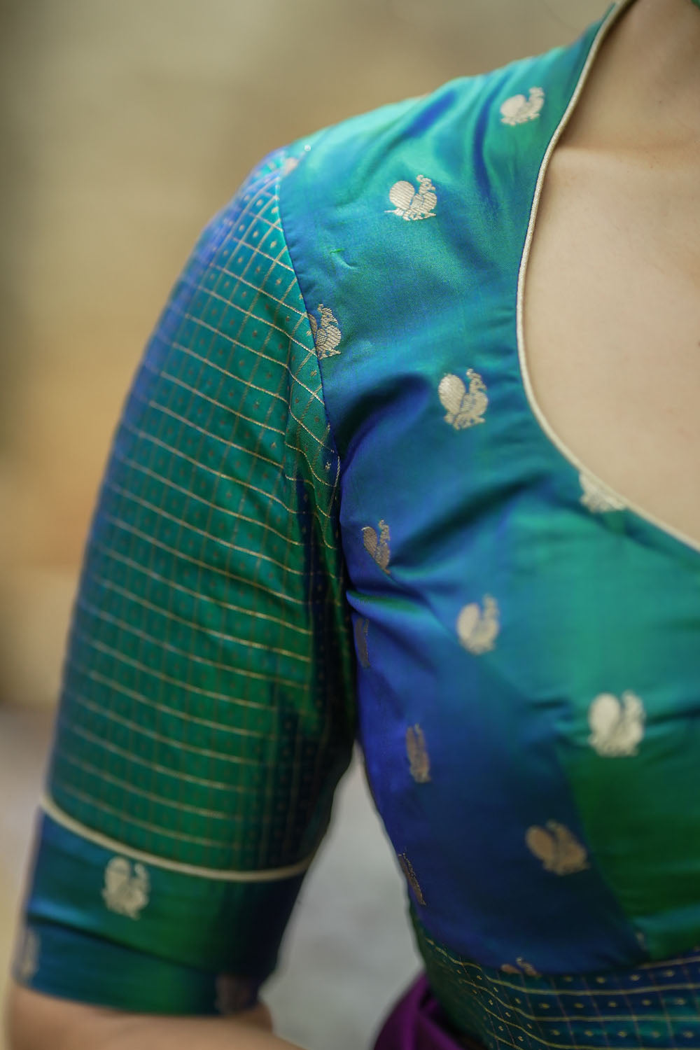 Peacock blue pure kanjivaram silk two fabric blouse.