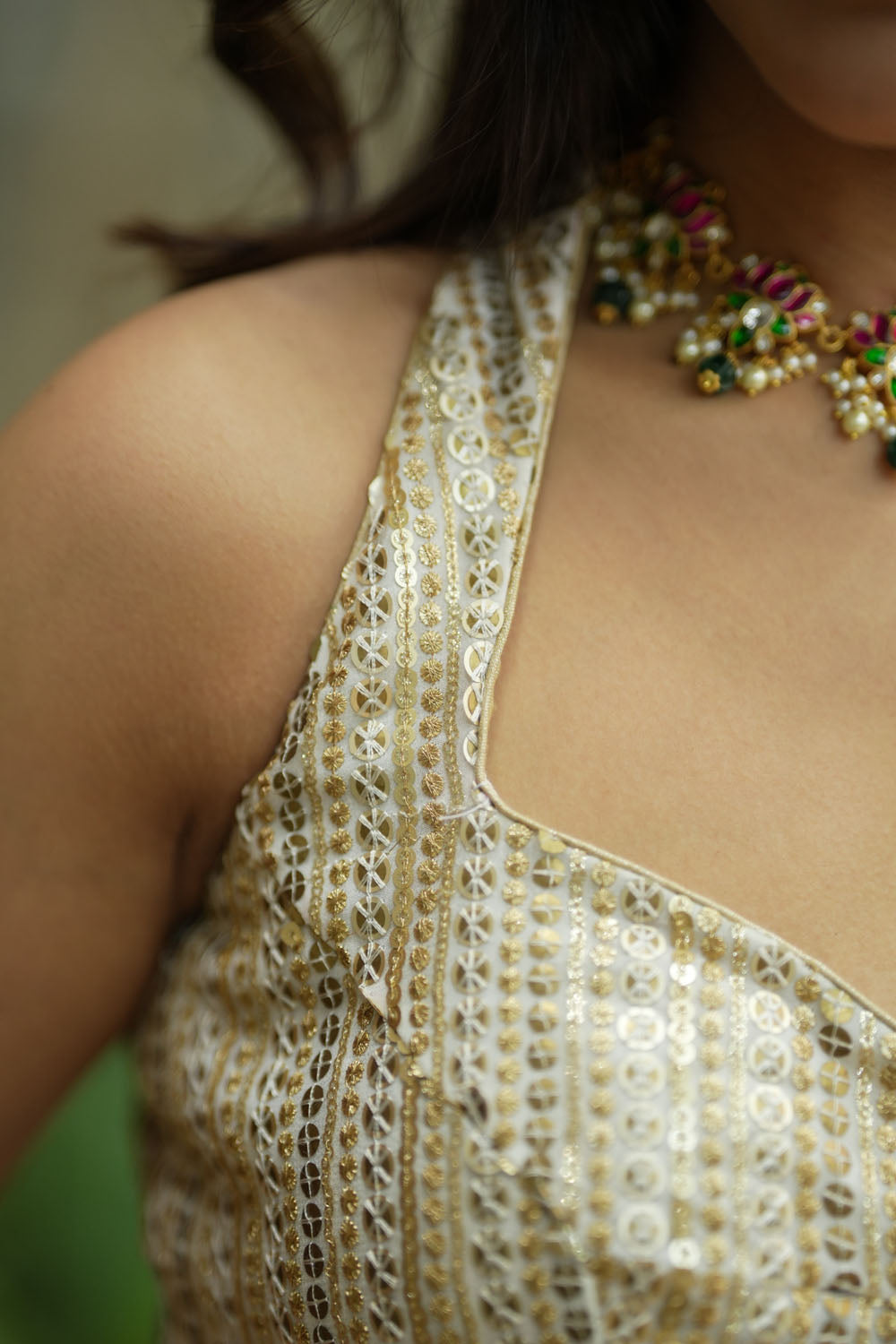 Pastel coloured sequins halter neck blouse