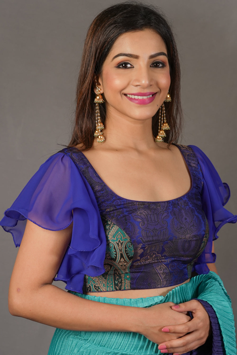 Turquoise blue banarasi brocade flutter sleeve U neck blouse