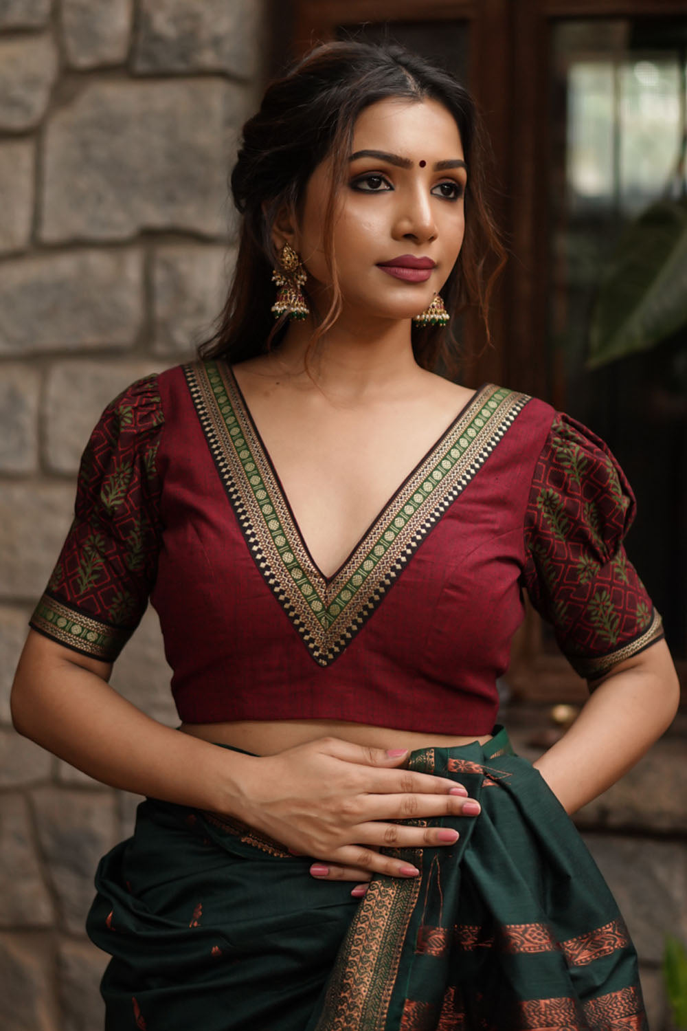 Maroon handloom V neck blouse with printed puff sleeves