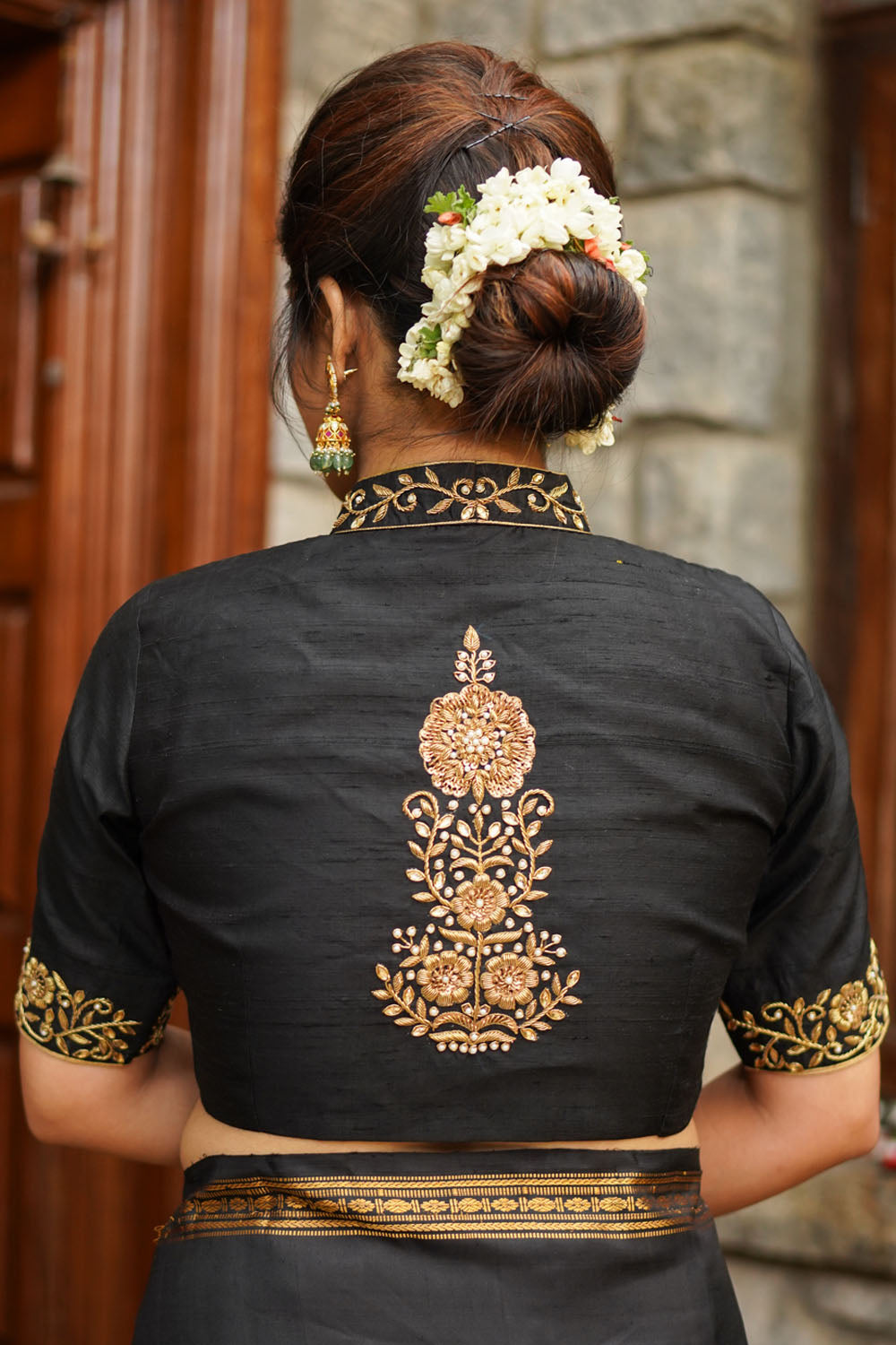 Black raw silk chinese collar blouse with zardosi Work