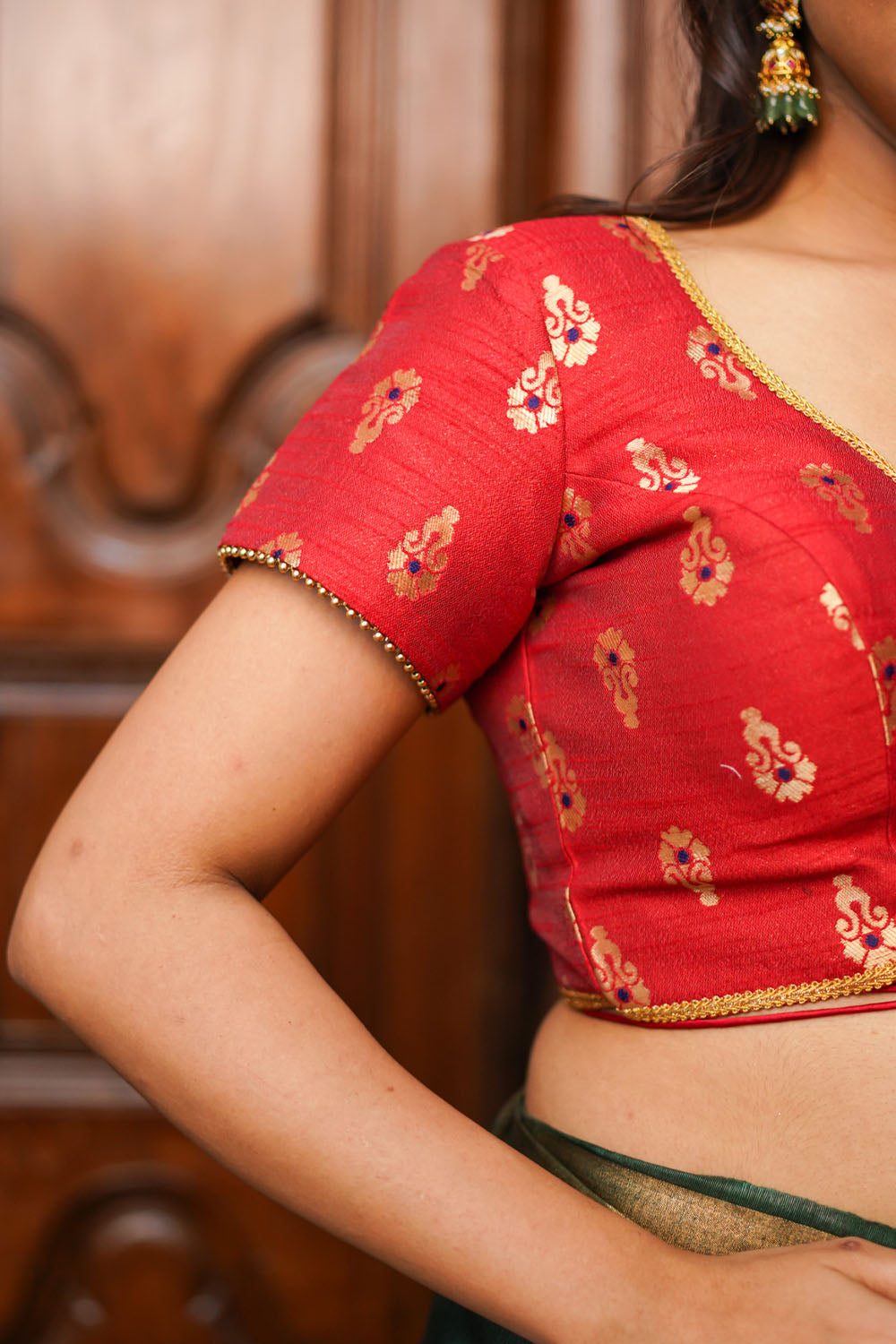 Red brocade with gold motif  deep V neck blouse