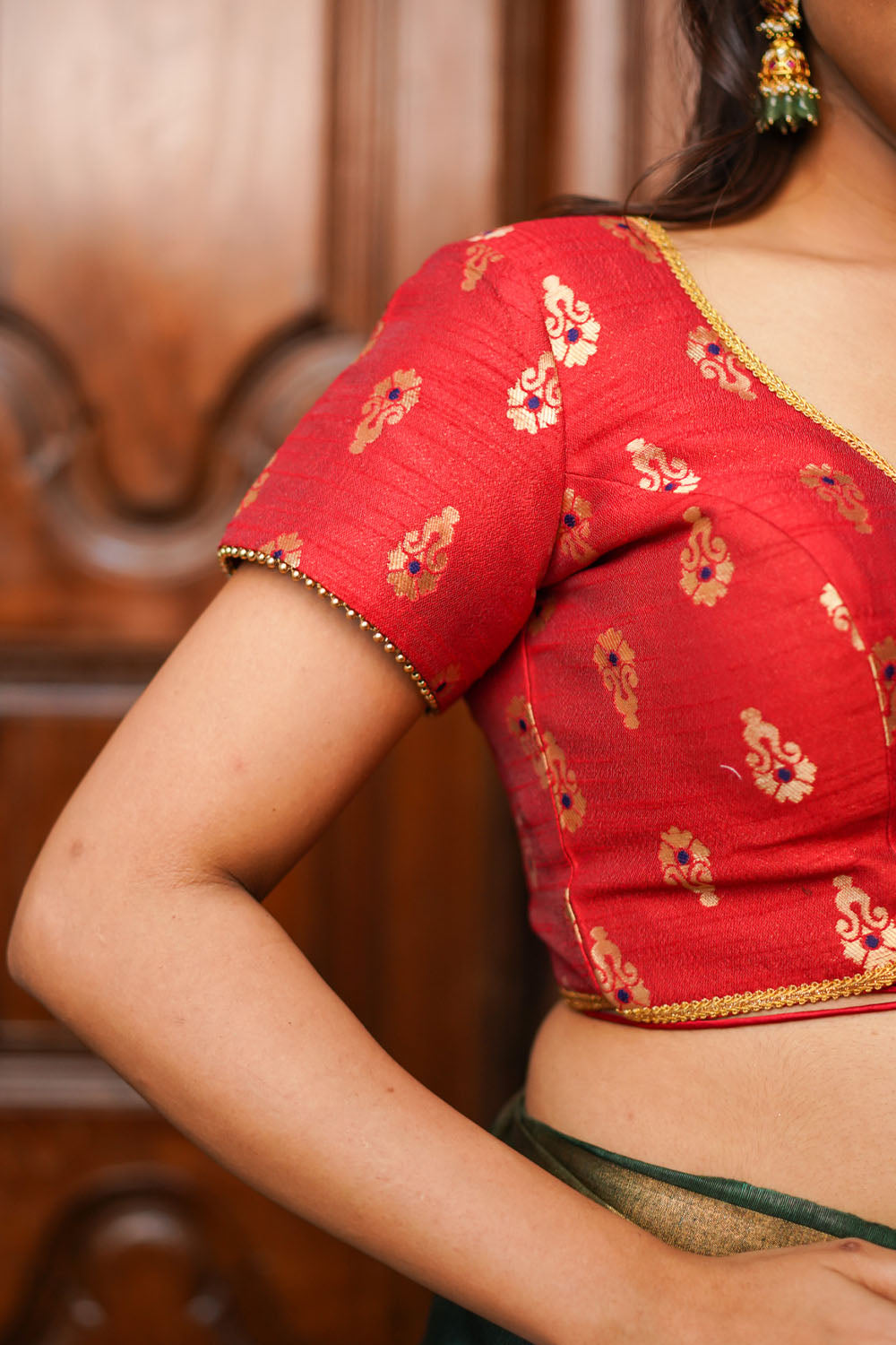Red brocade with gold motif deep V neck blouse