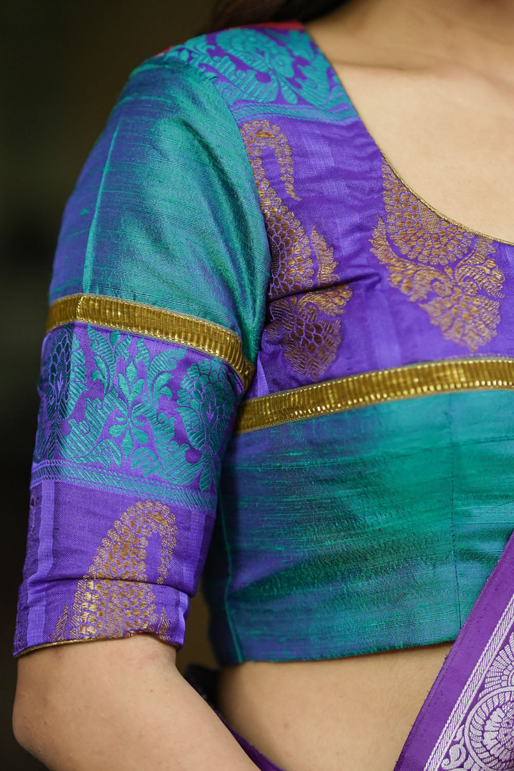 Peacock blue rawsilk with purple brocade U neck Blouse