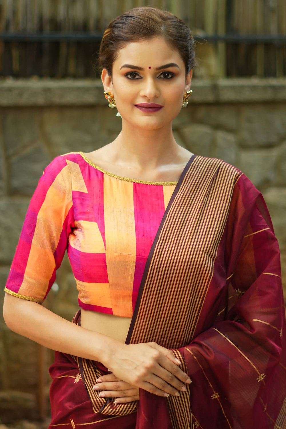 Orange and reddish pink checked pure rawsilk boatneck blouse