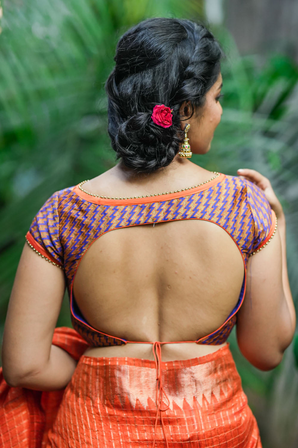 Purple and Orange jacquard  boat neck blouse with back detailing