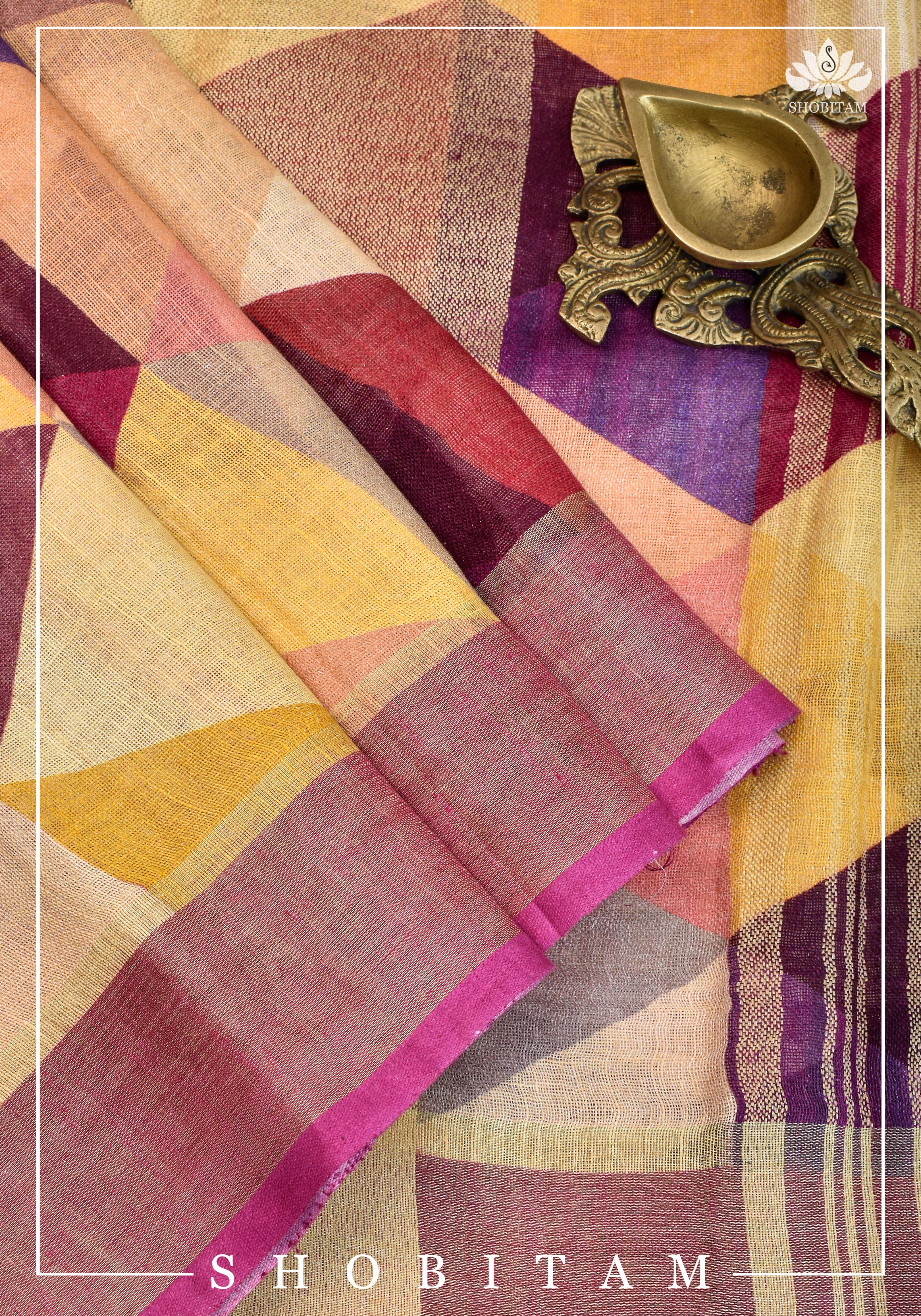 Pretty Shobitam Designer Multicolor Geometric Print Linen Saree with Zari Border