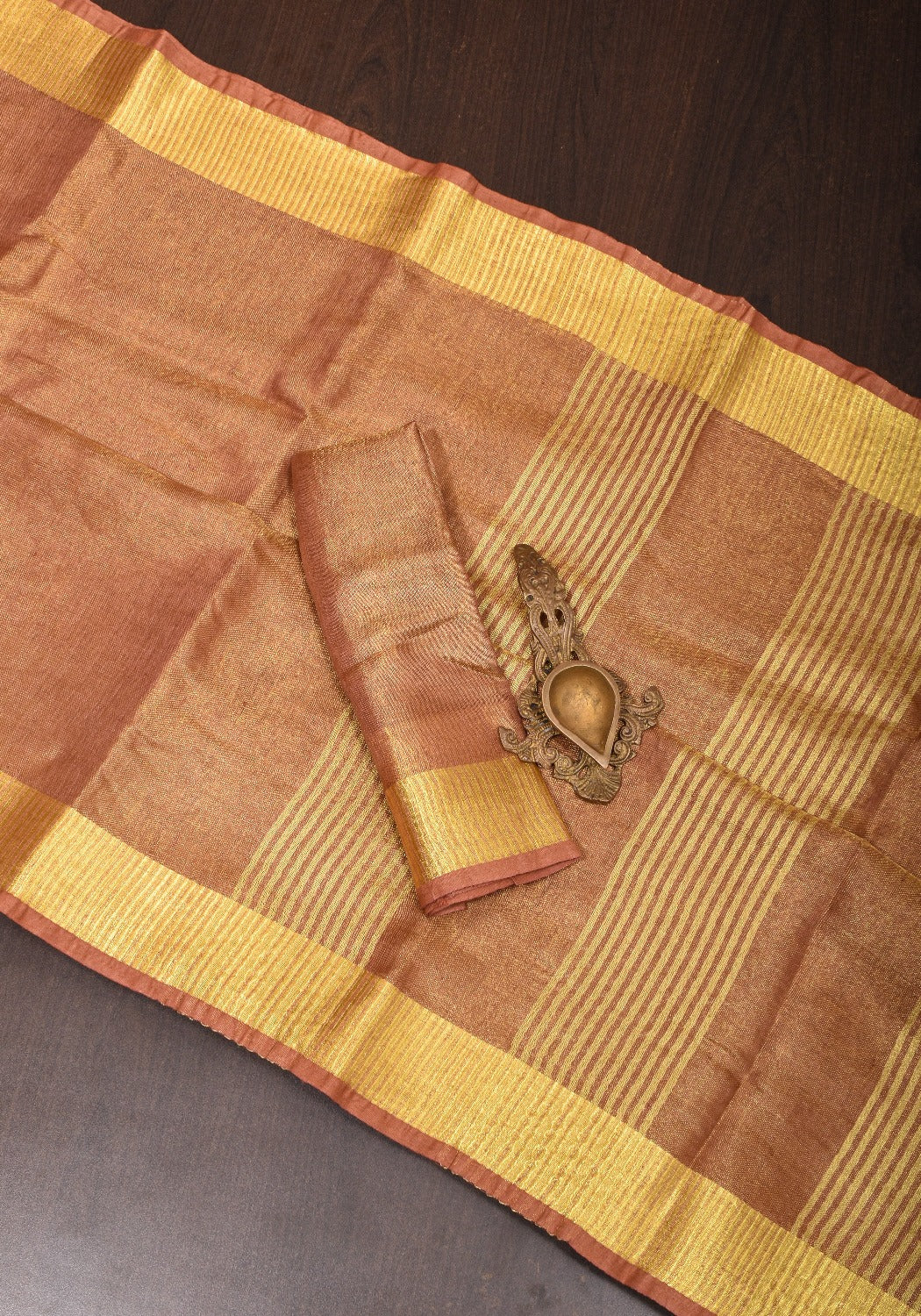 Mocha Gold Tissue Linen Saree with Gold Zari Border