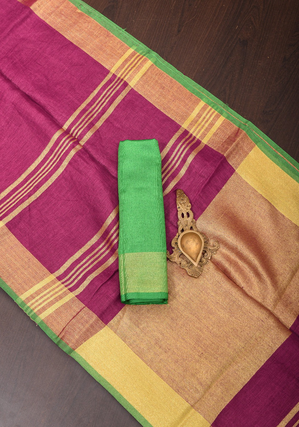 Magenta Pink and Green Linen Saree with Gold Zari Border and Green Selvedge