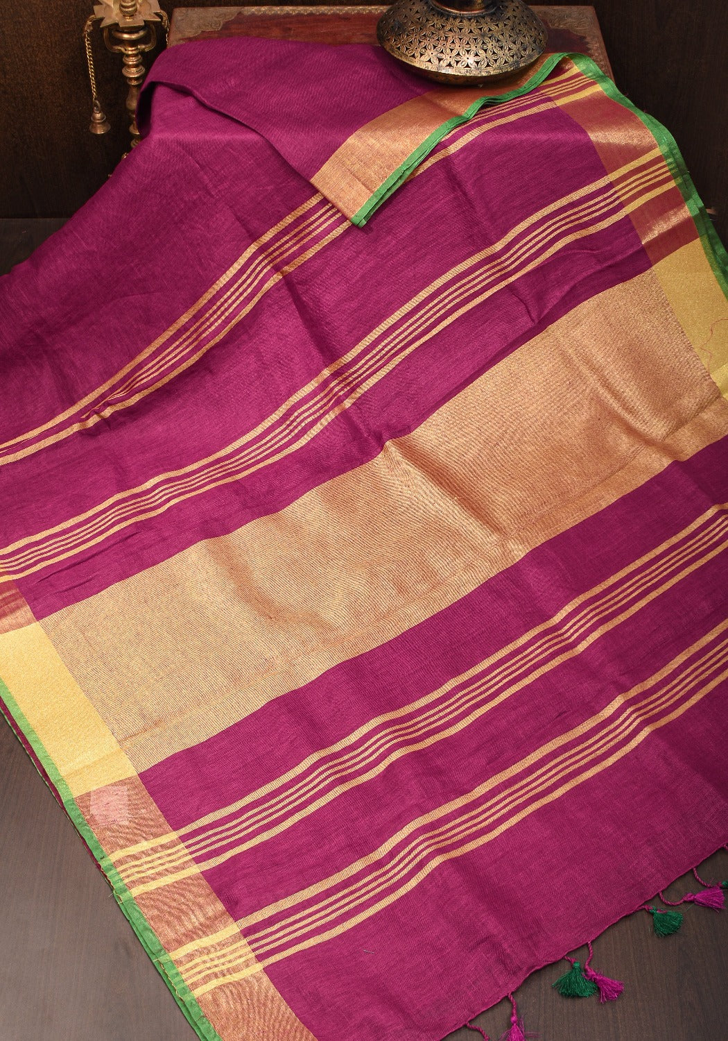 Magenta Pink and Green Linen Saree with Gold Zari Border and Green Selvedge