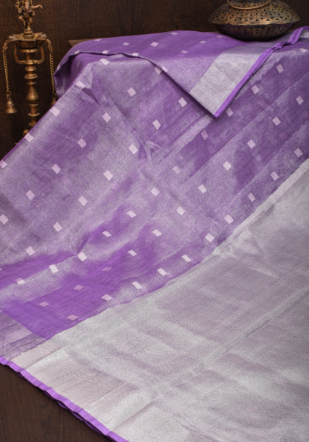 Lavender Hued Tissue Linen Saree with silver zari borders and long tassels!