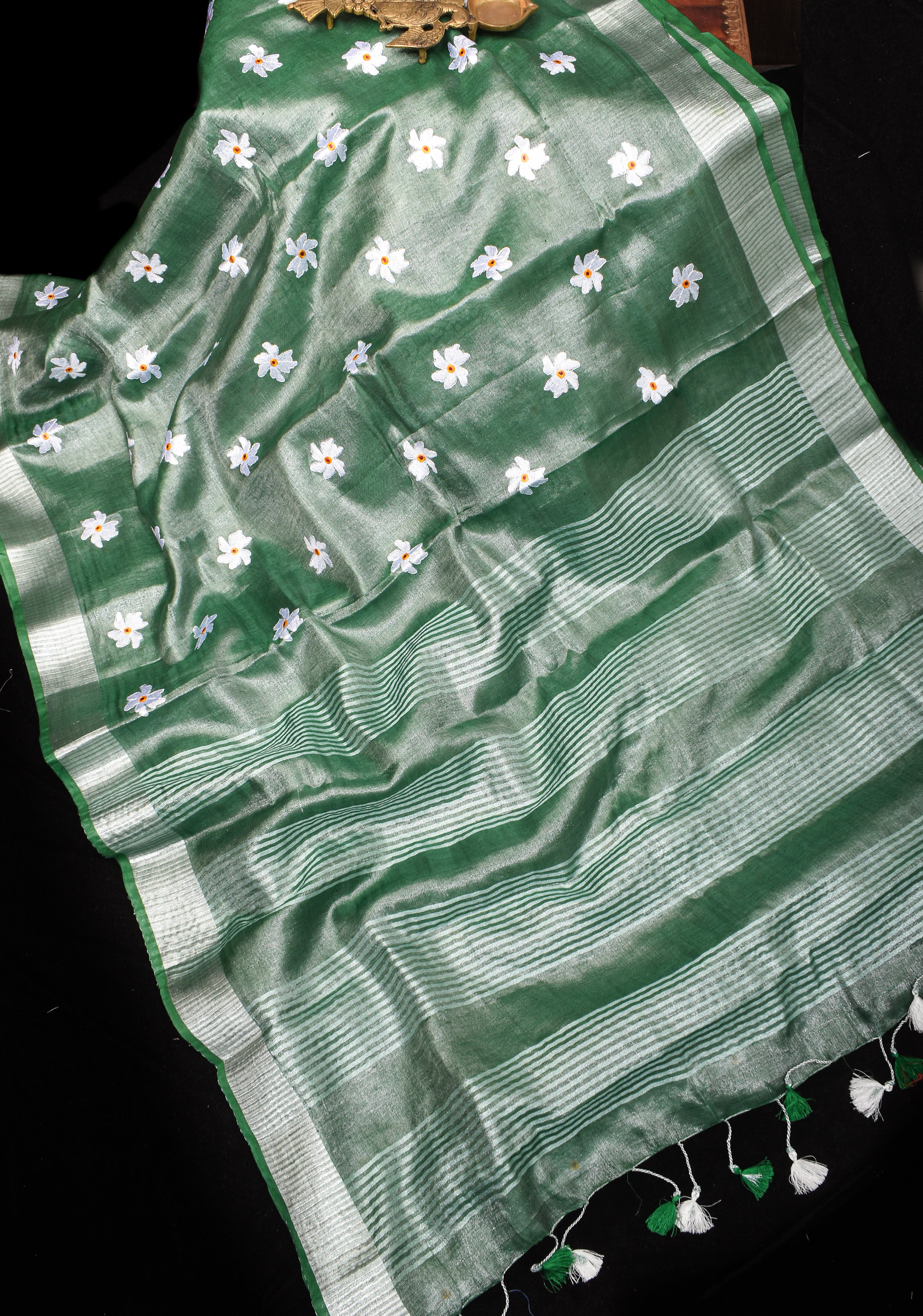 Tissue Linen Saree in Mint Green and Silver with Parijaat floral Embroidery