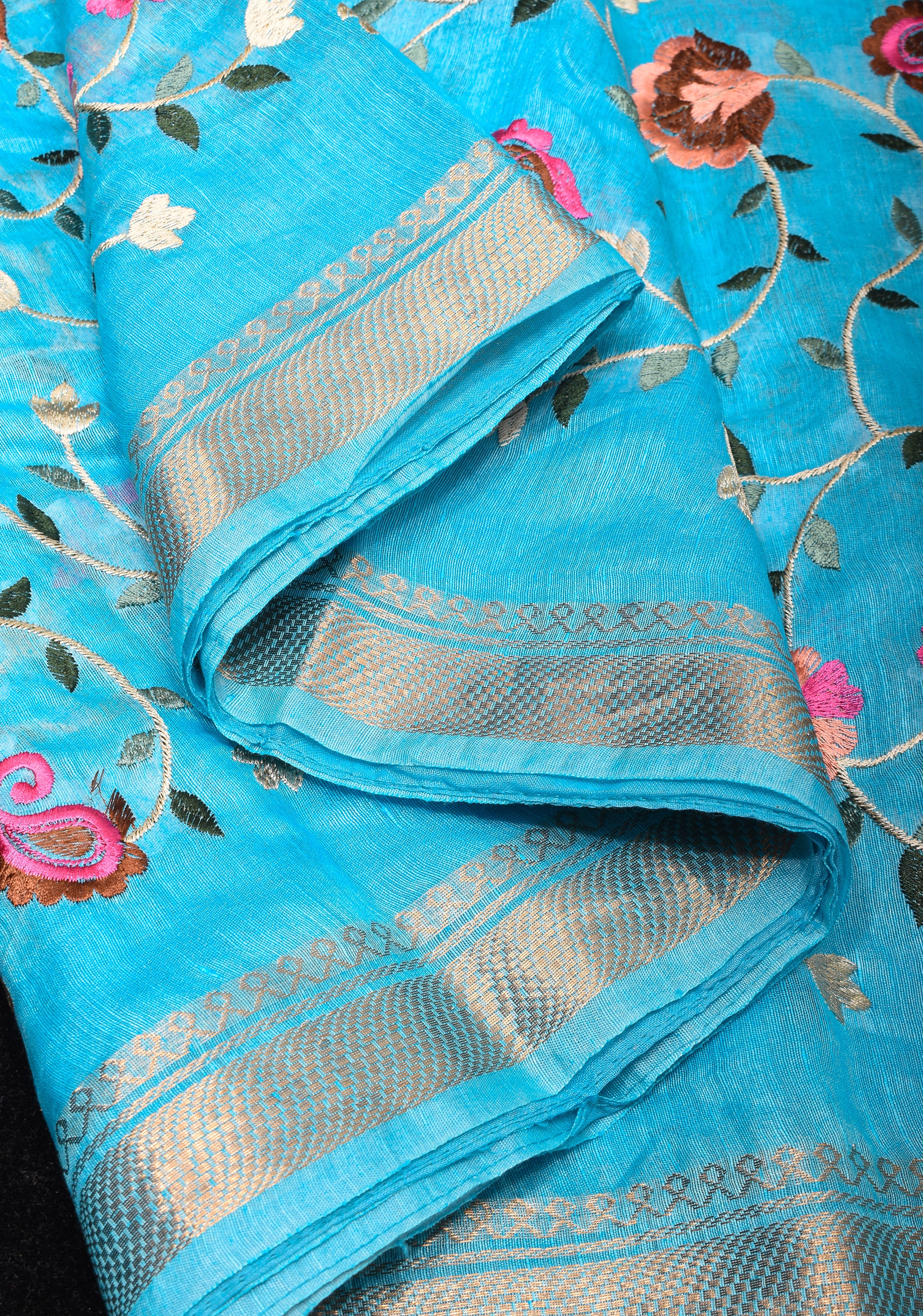 Floral Jaal embroidery on Silk Linen In Blue with woven zari borders