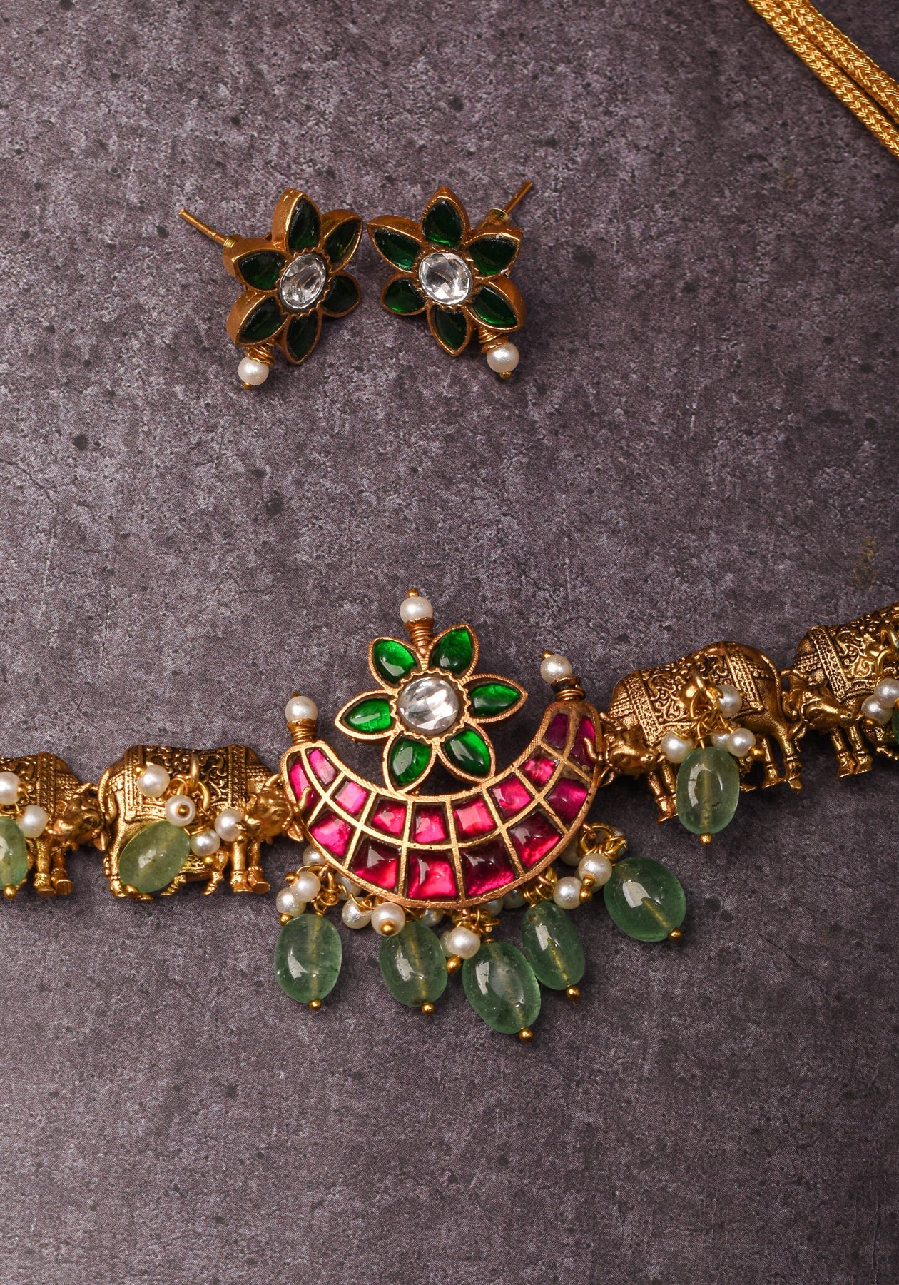Cow design Choker with central crescent shaped jadau pendant and small earrings