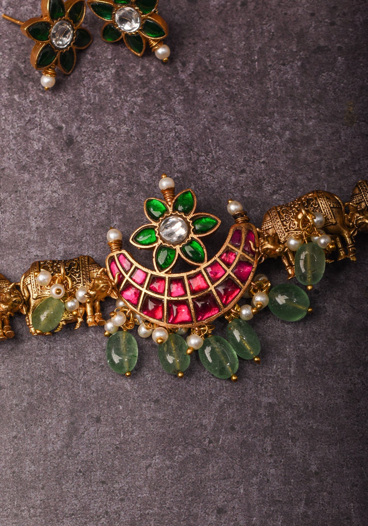 Cow design Choker with central crescent shaped jadau pendant and small earrings