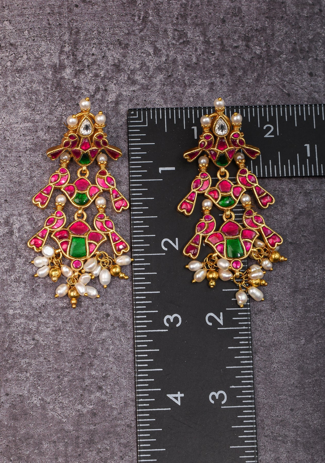 2.75" Layered Pink & Green Stone Peacock Earrings with Dangling White Beads