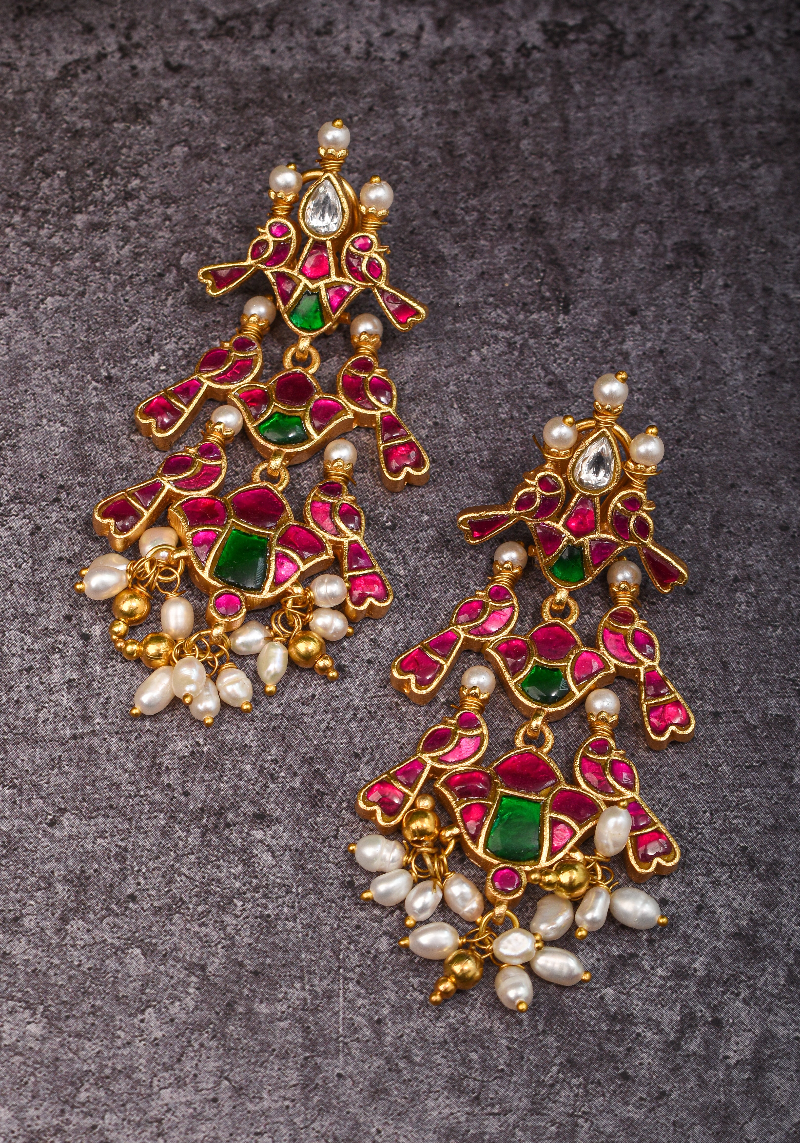 2.75" Layered Pink & Green Stone Peacock Earrings with Dangling White Beads