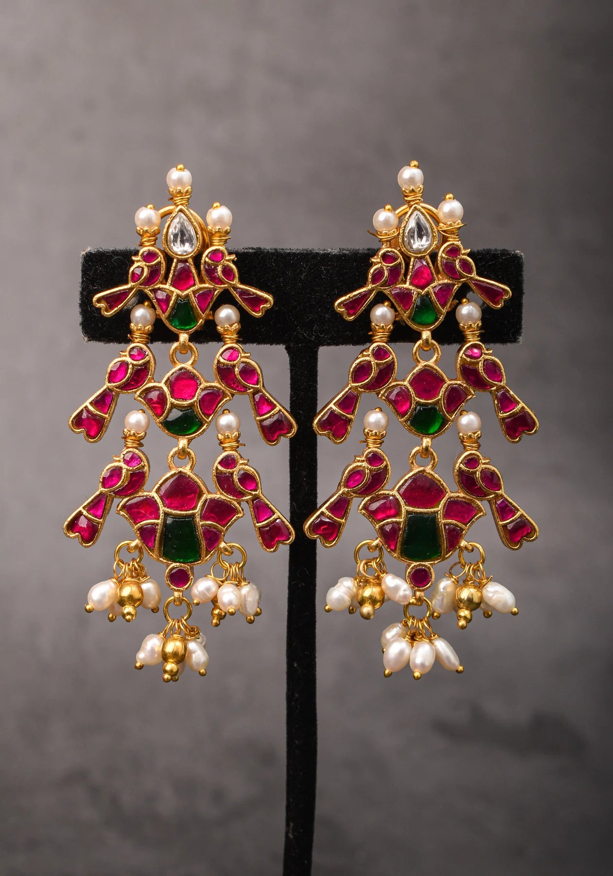 2.75" Layered Pink & Green Stone Peacock Earrings with Dangling White Beads