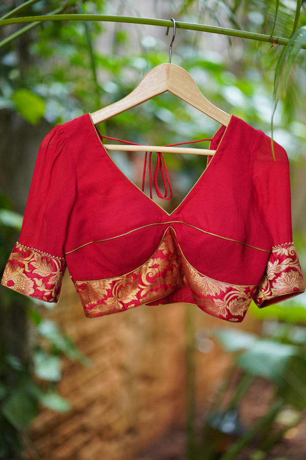 Red  Chiffon Blouse with Brocade detailing