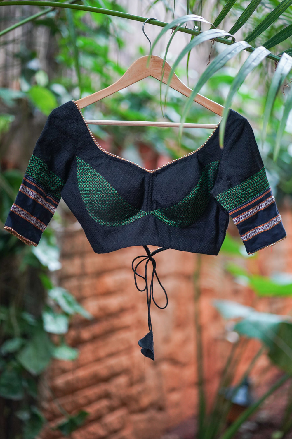 Black & green Khun Silk Sweetheart neck blouse with backtie design