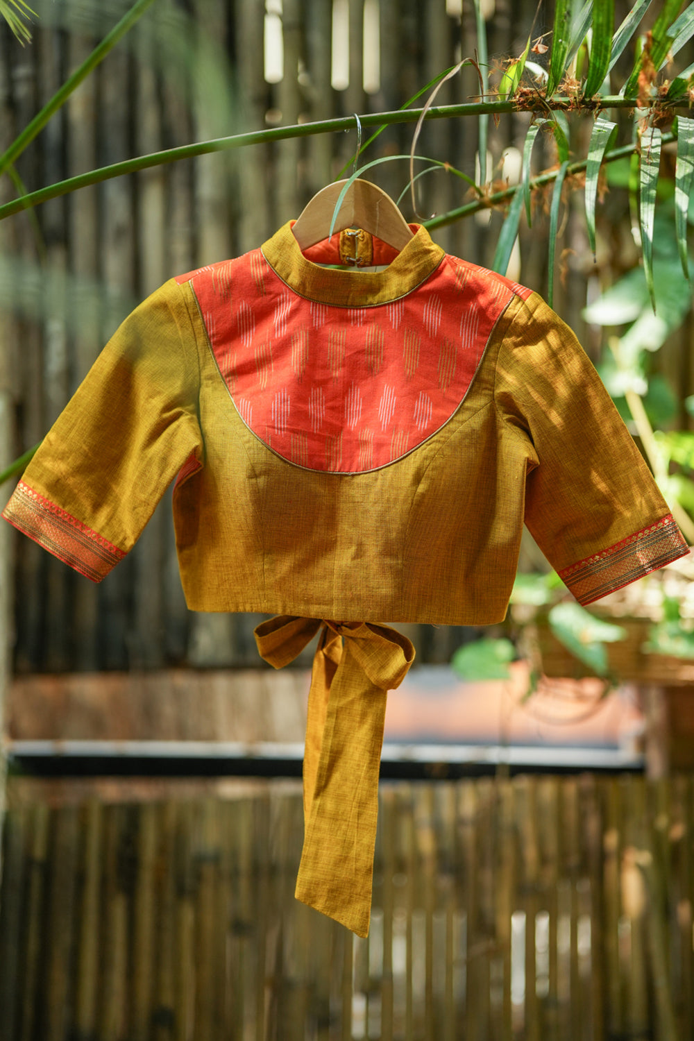 Tangerine and cyber yellow handloom chinese collar blouse with border detailing