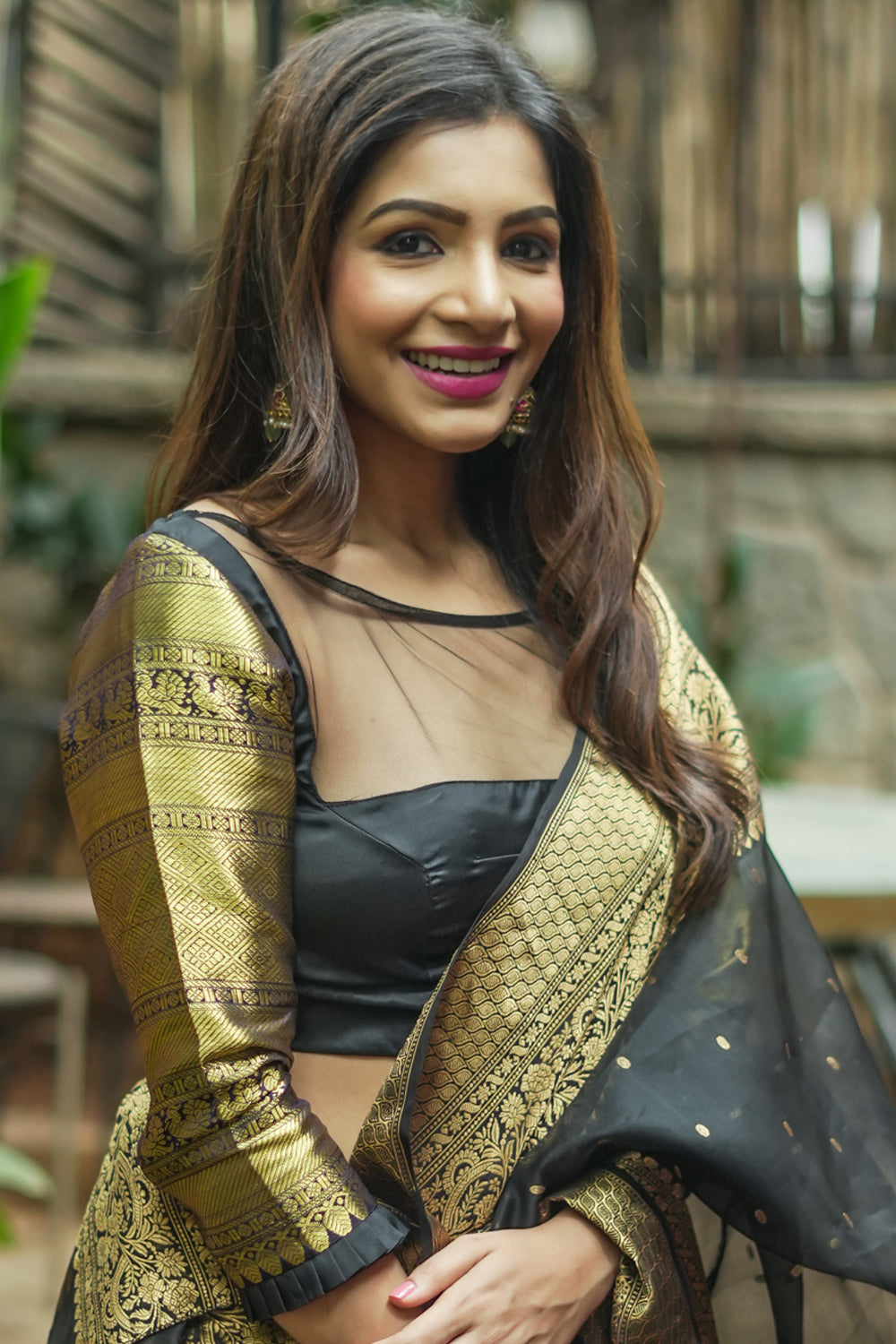 Black & gold sheer yoke kanjivaram silk boatneck blouse