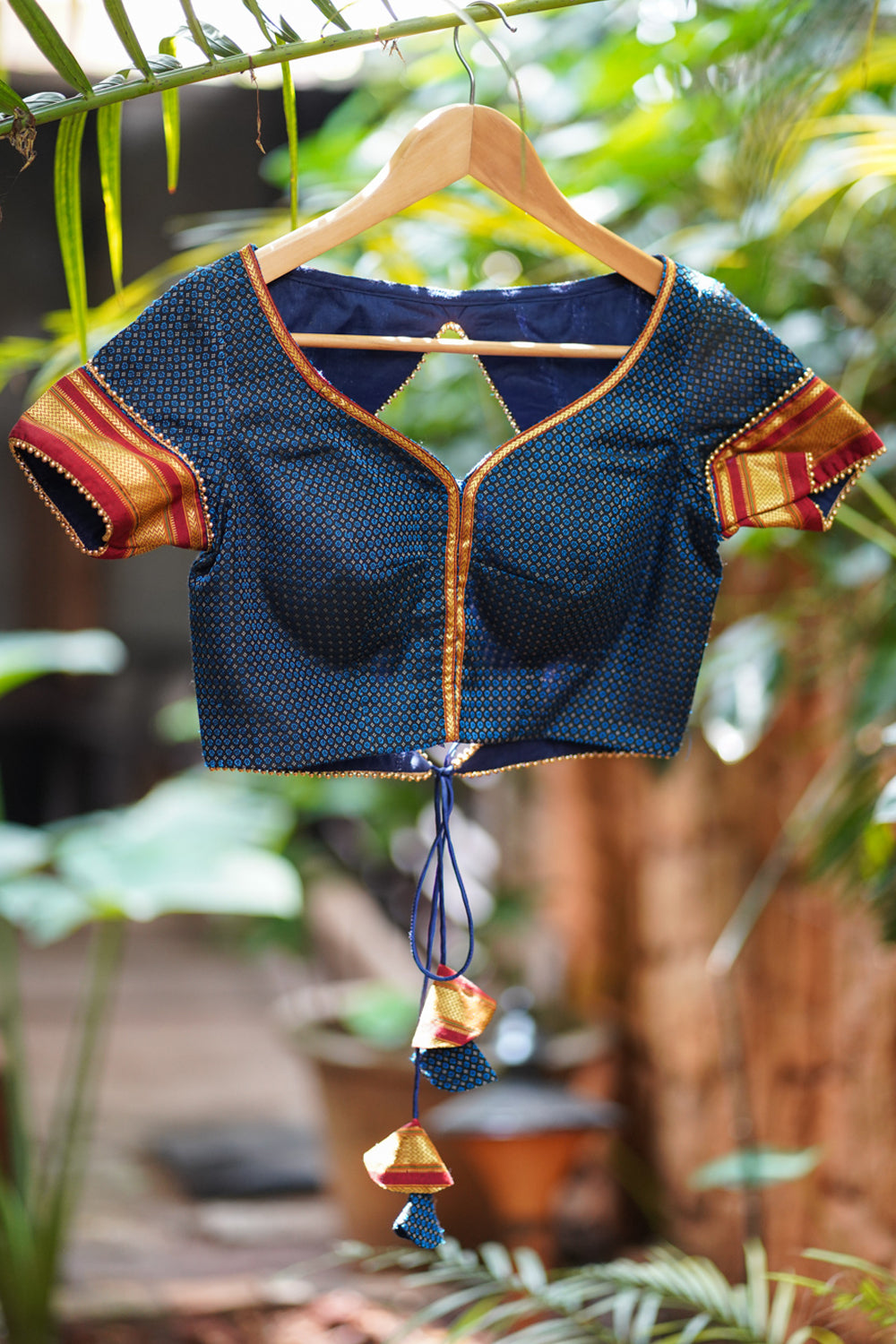Blue Khun Silk Blouse in Prussian Blue with Diamond Cut backtie design