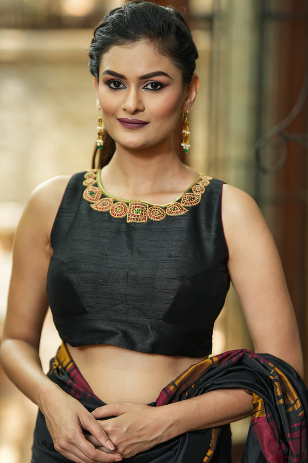 Black pure raw silk U neck blouse with beadwork