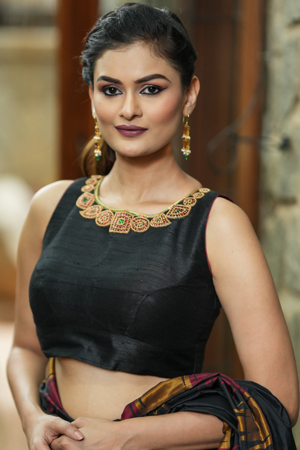 Black pure raw silk U neck blouse with beadwork