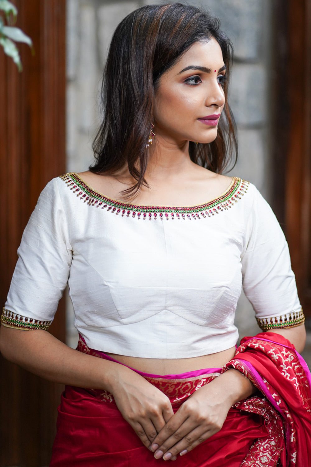 Ivory Pure Raw Silk Blouse with Kemp work detailing on boat neck and Jadau back buttons