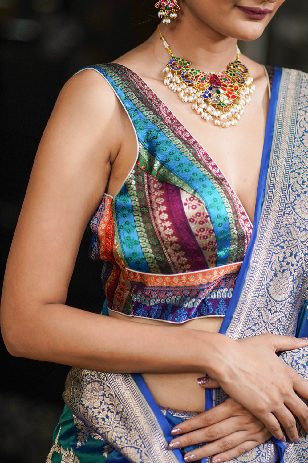 Multicolor Brocade Banarasi Sleeveless Blouse with Plunge Neck