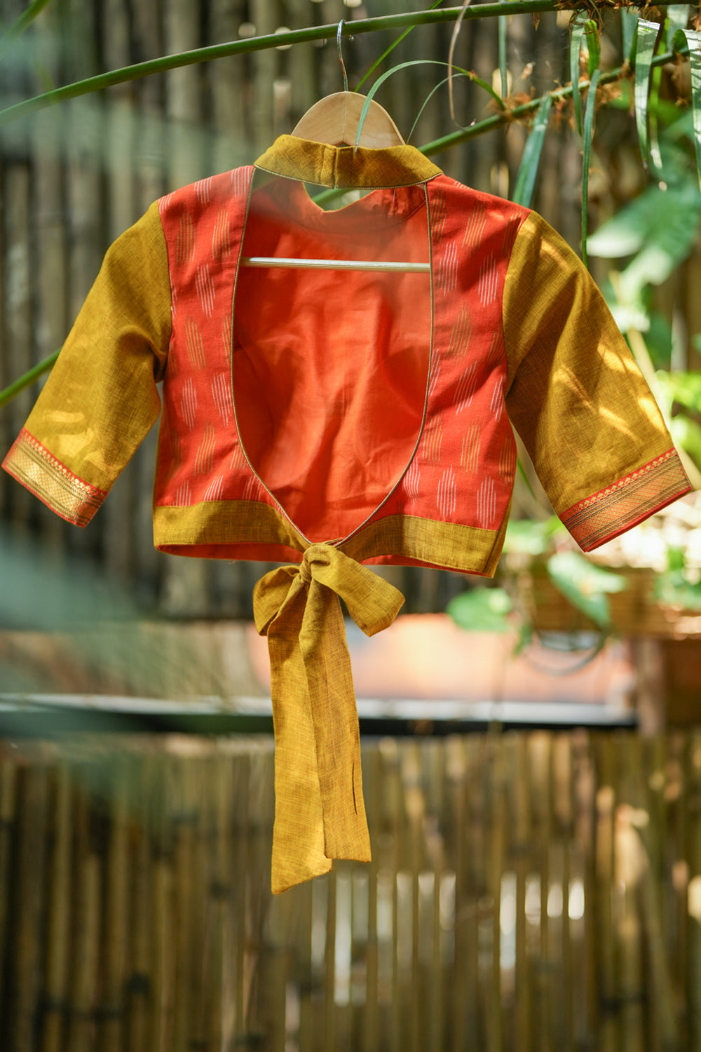 Tangerine and cyber yellow handloom chinese collar blouse with border detailing