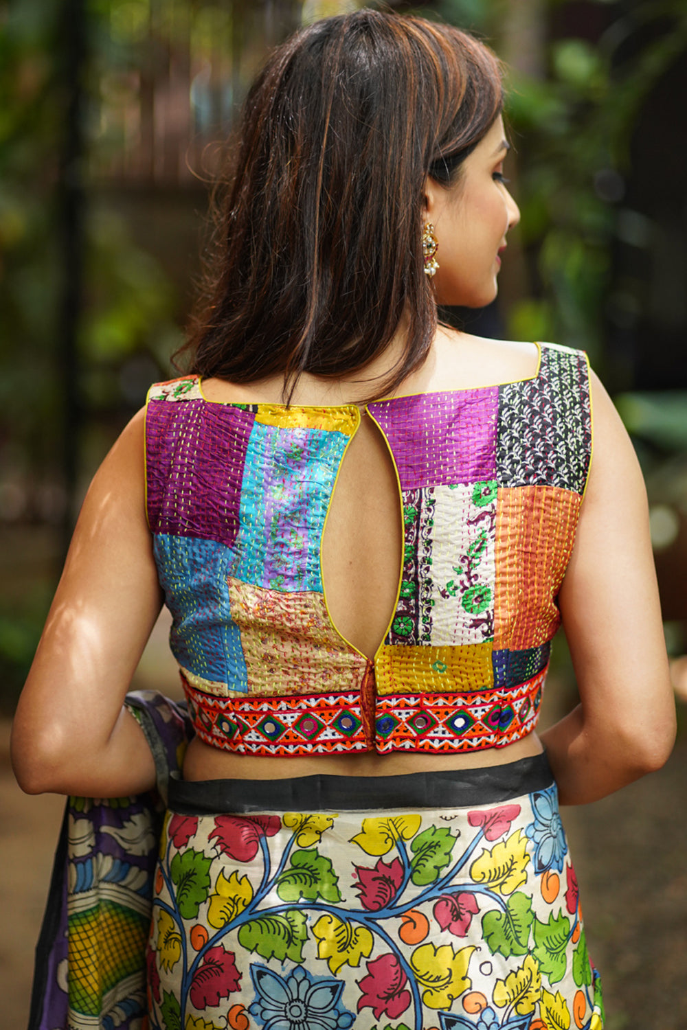 Kantha Patch Work Multicolor Square Neck Cotton Blouse with Kutch Embroidery detailing