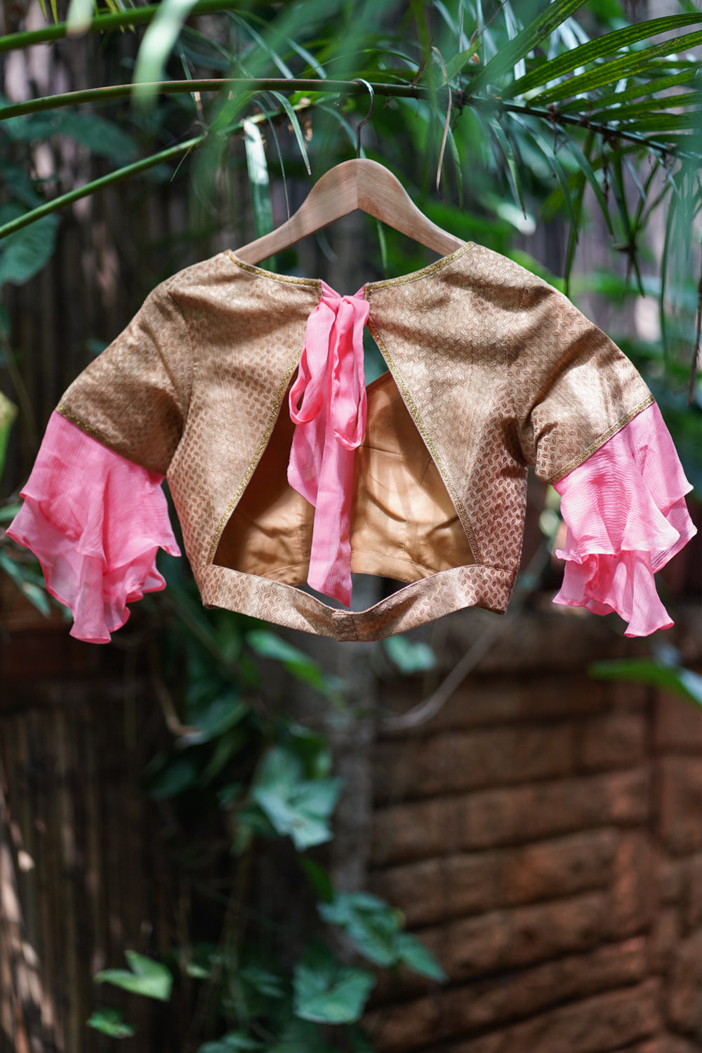 Gold brocade & peach pink chiffon ruffle V neck blouse