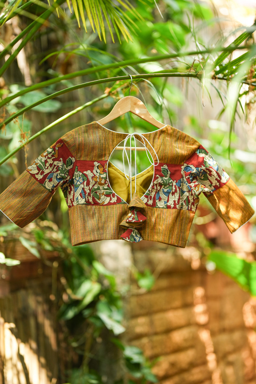 Honey brown handloom V neck blouse with handpainted kalamkari band